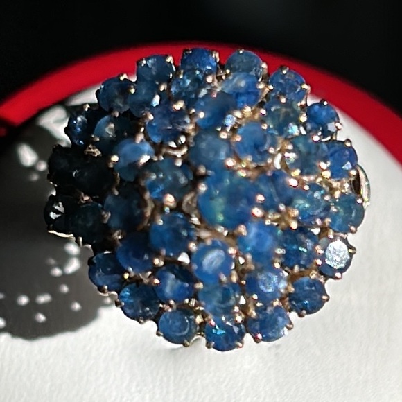 Sold-14K Yellow Gold Spiral Cluster Cocktail Natural Round Shape Blue Sapphire - Picture 8 of 17